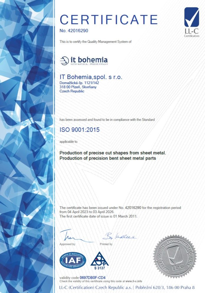 Certifikát EN - ISO 9001-2015 platný 4.4.2023 - 3.4.2026