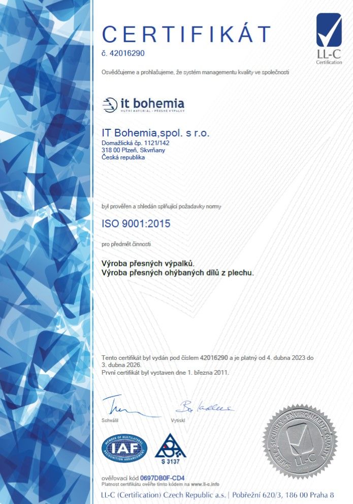 Certifikát CZ - ISO 9001-2015 platný 4.4.2023 - 3.4.2026