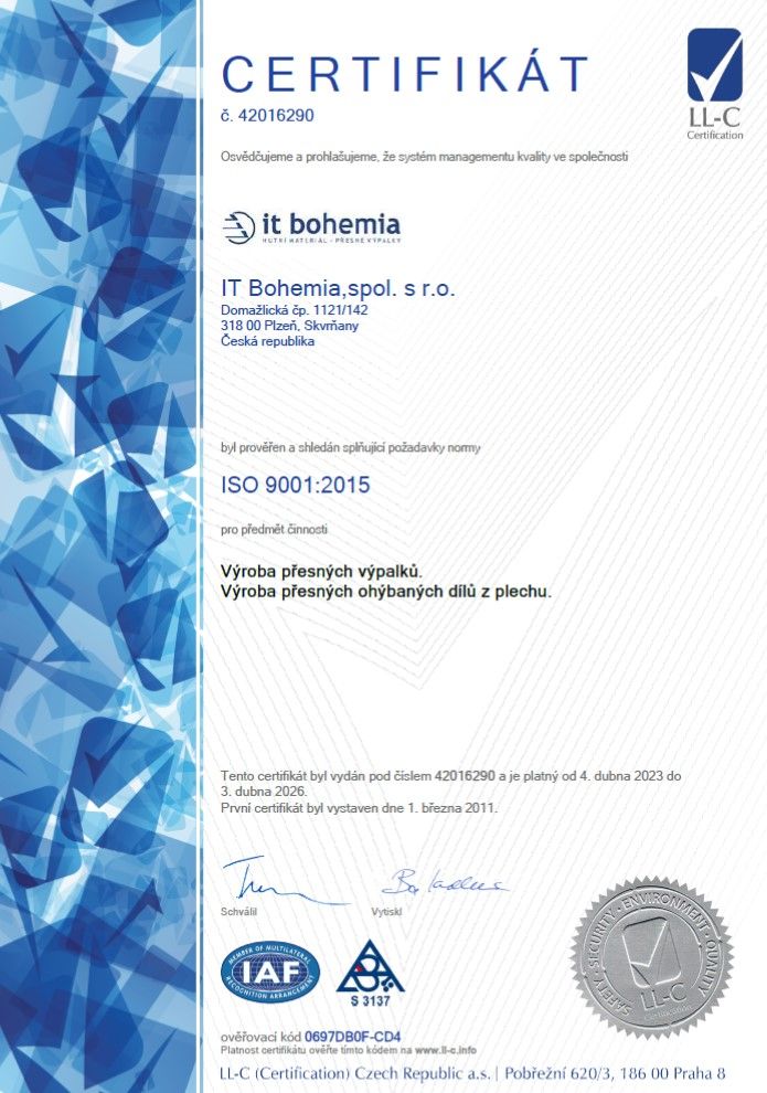 Certifikát ISO 9001:2015 (2023-2026)